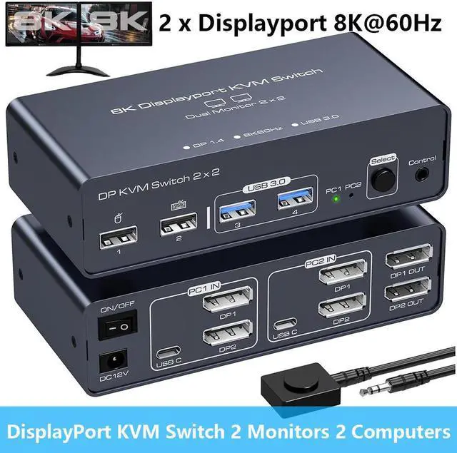 Hitoor DisplayPort KVM Switch 2 Monitors 2 Computers 8K 60HZ 4K 120Hz Aluminum KVM Switch Dual Monitor DP KVM Switcher 2 Monitors for 2 Computers Sharing 4 USB Devices with Desktop Controller