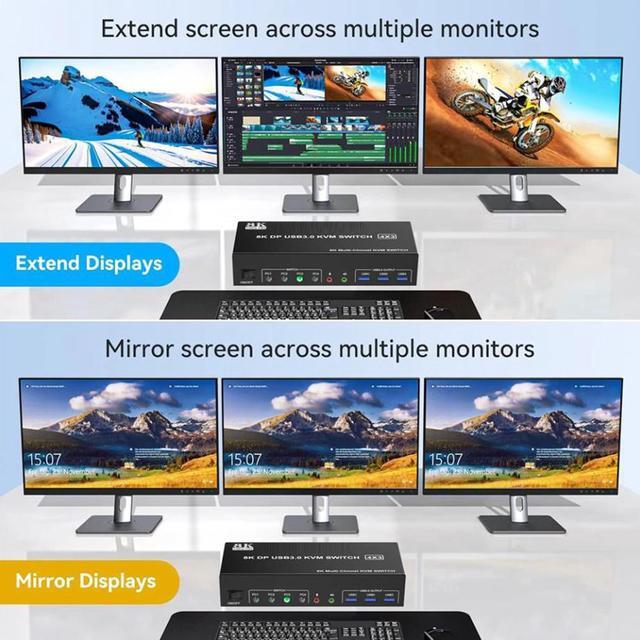Hitoor Displayport KVM Switch 3 Monitors 4 Computer DP1.4 Triple Monitor KVM Switch 4 In 3 Out With Audio Microphone Output And 3 USB 3.0 Port KVM Triple Monitor Keyboard Mouse Switcher For 4PC