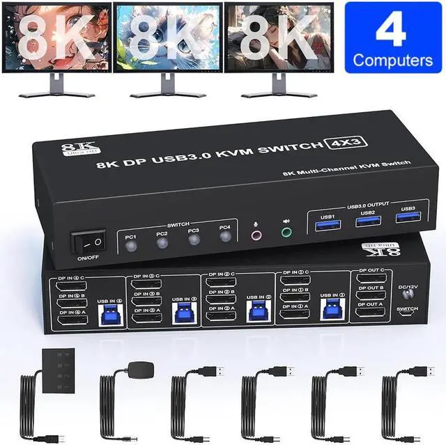 Hitoor DisplayPort KVM Switch 3 Monitors 4 Computers 8K 60Hz 4K 144Hz 4 Port DP 1.4 Triple Monitors KVM Switch for 4 Computer with Audio and 3 USB 3.0 Ports Triple Monitor Keyboard Mouse Switcher