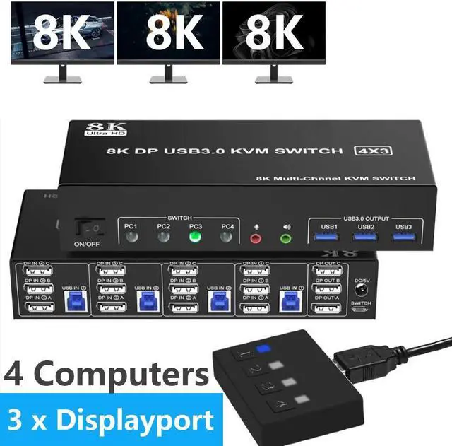 Hitoor Displayport KVM Switch 3 Monitors 4 Computer DP1.4 Triple Monitor KVM Switch 4 in 3 Out with Audio Microphone Output and 3 USB 3.0 Port KVM Triple Monitor Keyboard Mouse Switcher for 4PC