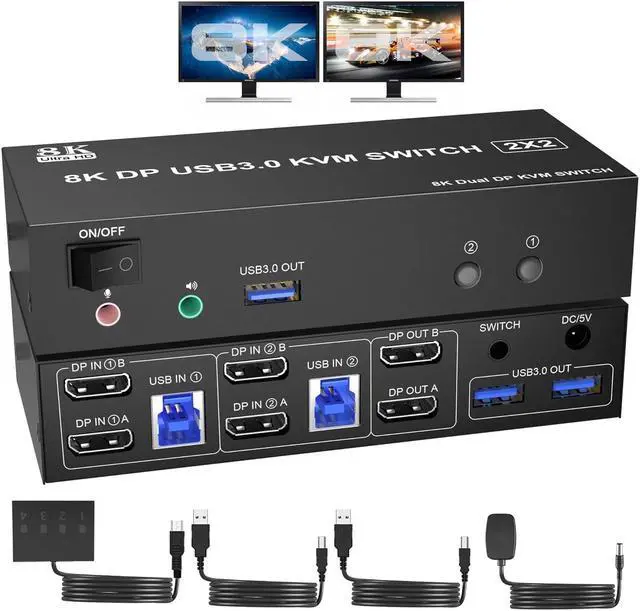 Hitoor Displayport USB 3.0 KVM Switch 2 Monitors 2 Computers 8K 60Hz 4K 144Hz Dual Monitor Displayport1.4 KVM Switches with Audio Microphone Output and 3 USB 3.0 Ports DP Switch for 2 PCs 2 Monitors