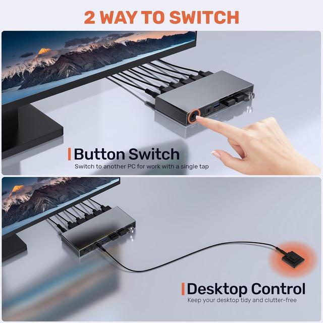 Hitoor DP 1.4 KVM SwitchTwo Computers Sharing One Monitor Two Mode Switching 8K 60Hz Ultra HD Displayport KVM Switch With 4 USB A 5Gbps For Keyboards Mouse With Desktop Controller & DC 5V Adapter