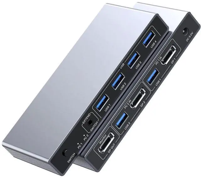 Hitoor DP 1.4 KVM SwitchTwo Computers Sharing One Monitor Two Mode Switching 8K 60Hz Ultra HD Displayport KVM Switch with 4 USB A 5Gbps for Keyboards Mouse with Desktop Controller & DC 5V Adapter