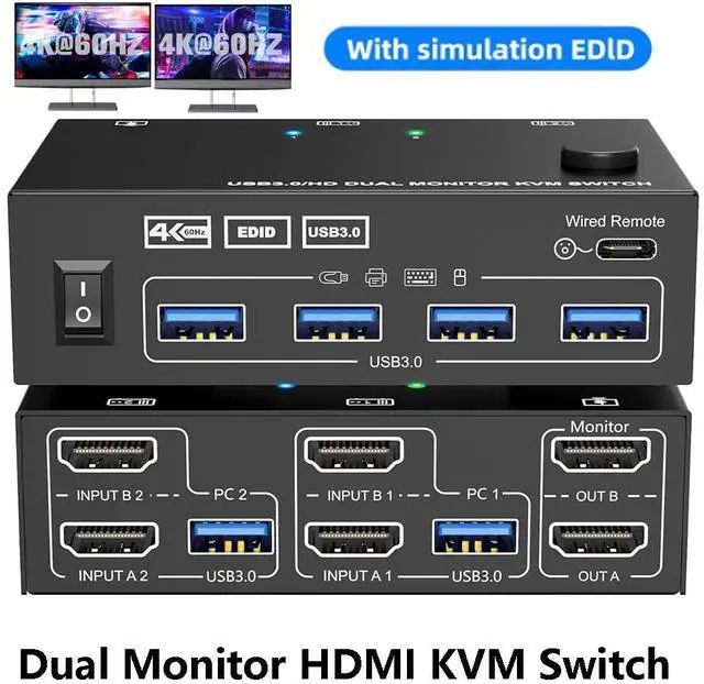 Hitoor Dual HDMI KVM Switch 2 Monitors 2 Computers 4K 60Hz 2K 144Hz EDID Simulation Dual Monitor KVM Switch with 4 USB 3.0 Port for Keyboard Mouse 2 Monitors HDMI2.1 KVM Switches with Wired Remote