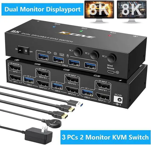 Hitoor Dual Monitor Displayport KVM Switch USB 3.0 Displayport KVM Switch 2 Monitors 3 Computers 8K 30Hz KVM Switcher for 3 PC Share 2 Monitors and 4 USB 3.0 Devices Wired Remote and Cables Included