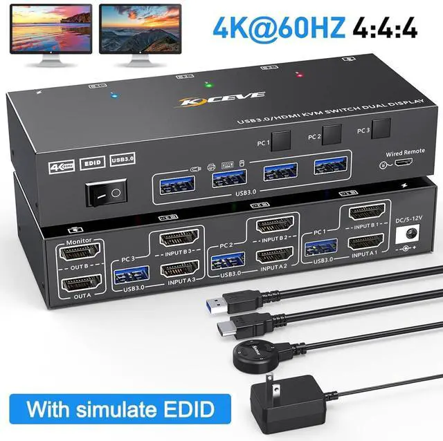 Hitoor Dual Monitor HDMI KVM Switch 2 Monitors 3 Computers 4K 60Hz USB 3.0 KVM Switches Share 2 Monitors and 4 USB 3.0 Ports Support Extended/Copy Mode with DC 12V Adapter & Wired Controller