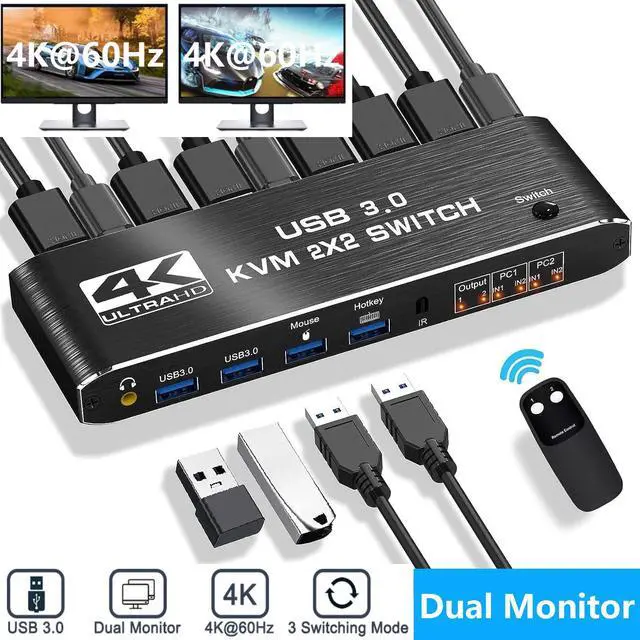 Hitoor Dual Monitor HDMI KVM Switch 4K 60Hz USB 3.0 HDMI KVM Switch 2x2 with 3.5mm Jack Audio Output for 2 Computers Share 2 Monitors and 4 USB 3.0 Ports with 3 Display Method Hot Key Switching