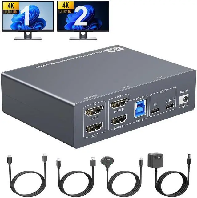Hitoor Dual Monitor KVM Switch for Laptop & Desktop 4K 60Hz USB C and HDMI KVM Switch 2 Monitors 2 Computers with 4 USB 3.0 Port for Keyboard Mouse 80W PD Charging with Wired Remote and USB C Cable