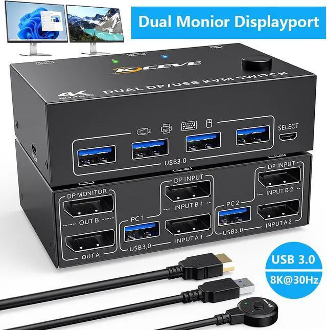 Hitoor Dual Monitor KVM Switch USB 3.0 Displayport KVM Switch 2 Monitors 2 Computers 8K 30Hz 4K 144Hz Displayport KVM Switch with 4 USB 3.0 Ports for USB Devices Wired Remote and USB Cables Included