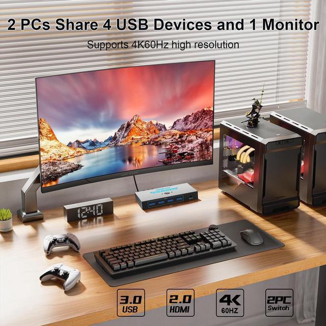 Hitoor HDMI 2.0 KVM Switch 1 Monitors 2 Computers With 4 USB 3.0 Switch 4K 60Hz 2 Port HDMI KVM Switches 2 In 1 Out Support Wired Remote And Button Switch Sharing Keyboard & Mouse Plug And Play