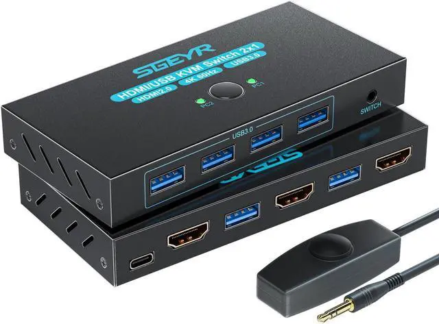 Hitoor HDMI 2.0 KVM Switch 1 Monitors 2 Computers with 4 USB 3.0 Switch 4K 60Hz 2 Port HDMI KVM Switches 2 in 1 Out Support Wired Remote and Button Switch Sharing Keyboard & Mouse Plug and Play
