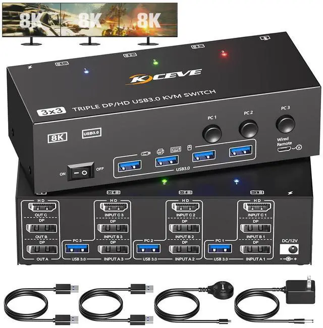 Hitoor HDMI + 2 Displayport KVM Switch 3 Monitors 3 Computers 8K 60Hz 4K 144Hz Triple Monitor KVM Switches with 4 USB 3.0 Port for USB Devices Wired Remote Power Adapter and USB Cables Included