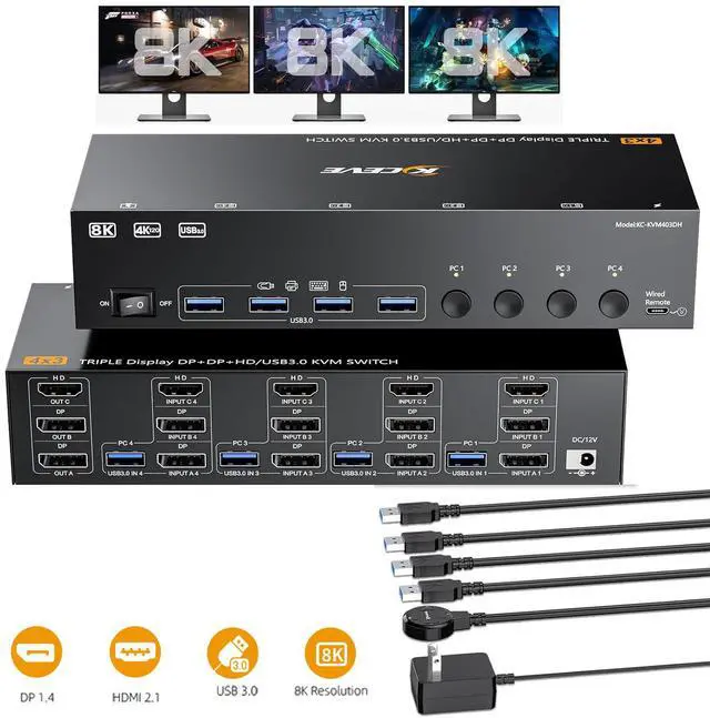 Hitoor HDMI+2 Displayport KVM Switch 3 Monitors 4 Computers 8K 60Hz 4K 144Hz USB 3.0 KVM Switch Triple Monitor for 4 PCs Share 3 Monitor and 4 USB 3.0 Ports Wired Remote and 4 USB3.0 Cables Included