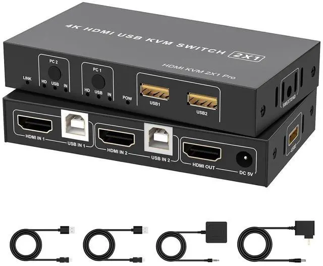 Hitoor HDMI KVM Switch 1 Monitor 2 Computers 4K 60Hz HDMI USB KVM Switches for 2 Computer Share 1 Monitor 3 USB Ports for Keyboard Mouse Support Extended & Mirror Mode with Desktop Controller