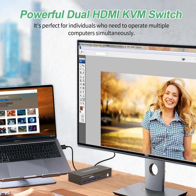 Hitoor HDMI KVM Switch 2 Computers 2 Monitors Dual Monitor HDMI KVM Switch 2 In 2 Out 4K 60Hz Dual HDMI Outputs With 4 USB 3.0 Ports To Share Keyboard Mouse Printer Etc Supports Extended/Copy Mode