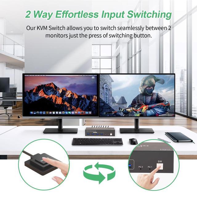 Hitoor HDMI KVM Switch 2 Computers 2 Monitors Dual Monitor HDMI KVM Switch 2 In 2 Out 4K 60Hz Dual HDMI Outputs With 4 USB 3.0 Ports To Share Keyboard Mouse Printer Etc Supports Extended/Copy Mode