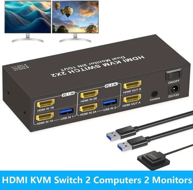 Hitoor HDMI KVM Switch 2 Computers 2 Monitors Dual Monitor HDMI KVM Switch 2 in 2 Out 4K 60Hz Dual HDMI Outputs with 4 USB 3.0 Ports to Share Keyboard Mouse Printer etc Supports Extended/Copy Mode