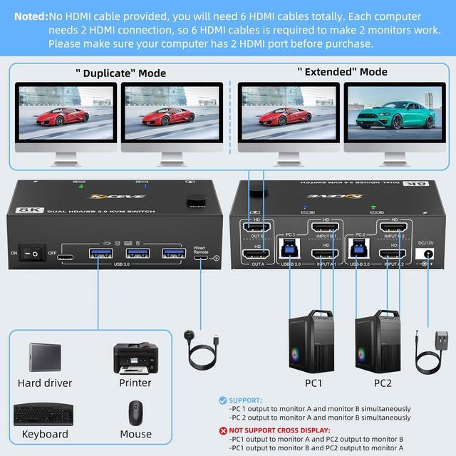 Hitoor HDMI KVM Switch 2 Monitors 2 Computers Dual Monitor Support 8K 60Hz 4K 120Hz Dual Monitor USB 3.0 KVM Switch HDMI 2 Port And 4 USB3.0 Devices Wired Remote And 12V Power Adapter Included