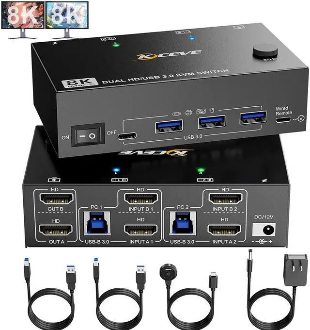 Hitoor HDMI KVM Switch 2 Monitors 2 Computers Dual Monitor Support 8K 60Hz 4K 120Hz Dual Monitor USB 3.0 KVM Switch HDMI 2 Port and 4 USB3.0 Devices Wired Remote and 12V Power Adapter Included