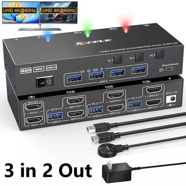 Hitoor HDMI KVM Switch 2 Monitors 3 Computers 4K 60Hz EDID Emulator Dual Monitor HDMI USB 3.0 KVM Switcher 3 in 2 Out for 3 Computers Share 2 Displays and 4 USB3.0 Devices Included Wired Remote
