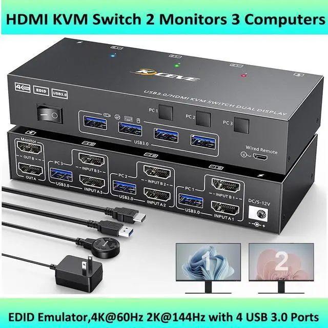 Hitoor HDMI KVM Switch 2 Monitors 3 Computers 4K 60Hz EDID Emulator USB 3.0 Dual Monitor KVM Switch for 3 Computers Share 2 Displays and 4 USB 3.0 ports IncludePower Adapter Wired Remote and Cables