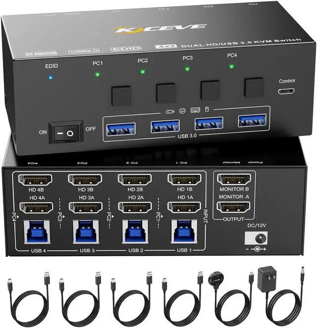 Hitoor HDMI KVM Switch 2 Monitors 4 Computers 8K 60Hz 4K 144Hz USB 3.0 HDMI KVM Switcher with EDID Emulator for 4 Computers Share Mouse Keyboard and 2 Monitors Stable Chip Great Compatibility