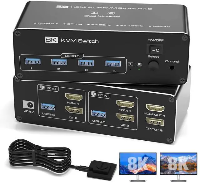 Hitoor KVM Switch 2 Monitors 2 Computers 8K HDMI + Displayport Dual Monitor KVM Switch for 2 PC Share 2 Monitors and 4 USB Devices Support Extended/Copy Mode with 2 USB Cables & Desktop Controller