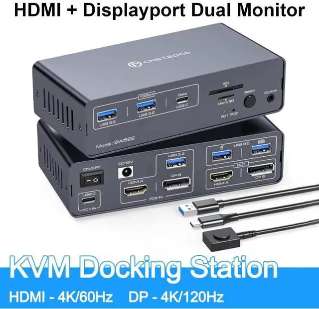 Hitoor KVM Switch 2 Monitors 2 Computers USB C Docking Station with 4K60Hz HDMI and 4K120Hz DP KVM Switch Dual Monitor 10Gbps USB C+USB A 3.2 5Gbps USB 3.0 and SD/microSD Card Slots for Laptop&Desktop