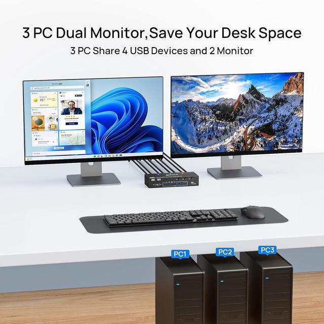 Hitoor KVM Switch 2 Monitors 3 Computers 4K 144Hz 8K 60Hz Displayport + HDMI KVM Switches Dual Monitor For 3PC Share 2 Monitors And 4 USB3.0 Ports Wired Remote Power Adapter And USB Cable Included