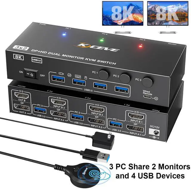 Hitoor KVM Switch 2 Monitors 3 Computers 4K 144Hz 8K 60Hz Displayport + HDMI KVM Switches Dual Monitor for 3PC Share 2 Monitors and 4 USB3.0 Ports Wired Remote Power Adapter and USB Cable Included