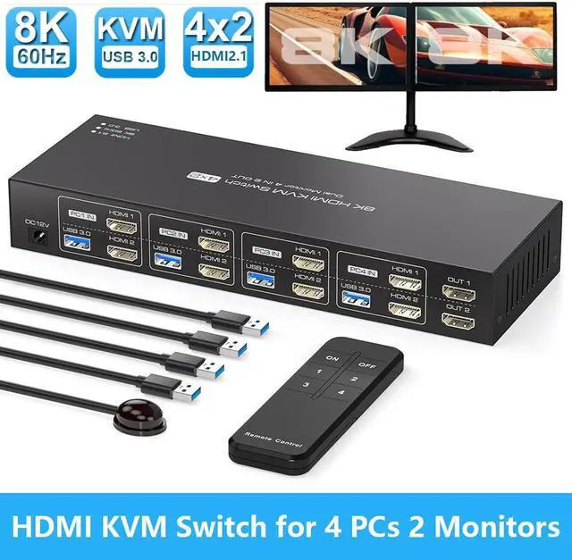 Hitoor KVM Switch 2 Monitors 4 Computers 8K 60Hz 4K 120Hz HDMI KVM Switches Dual Monitor for 4 PC Sharing 2 Monitor and 4 USB3.0 Devices with Four USB 3.0 Cables and IR Remote Control