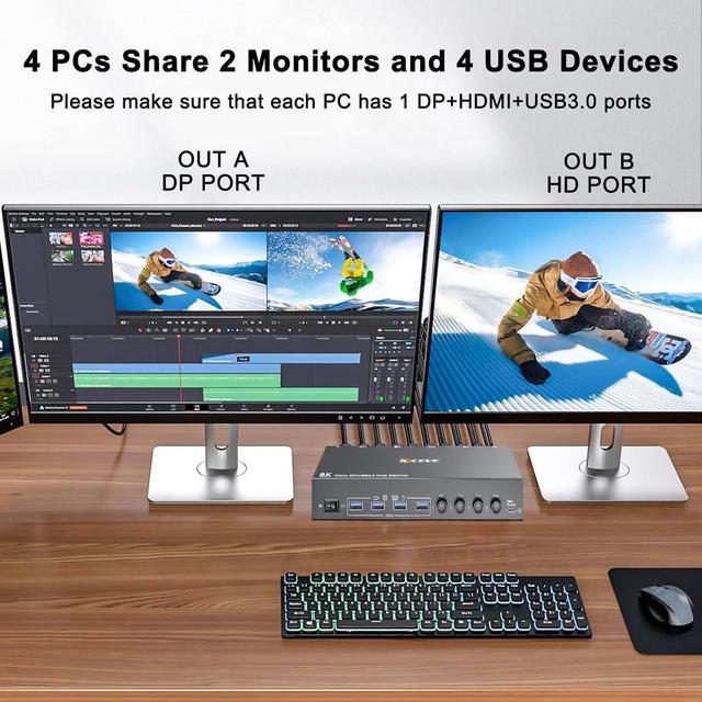 Hitoor KVM Switch 2 Monitors 4 Computers USB 3.0 DisplayPort + HDMI Dual Monitor KVM Switch Supports 8K 30Hz 4K144Hz For 4 Computers That Share 2 Monitors And 4 USB 3.0 Device With Wired Remote