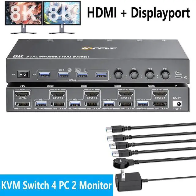 Hitoor KVM Switch 2 Monitors 4 Computers USB 3.0 DisplayPort + HDMI Dual Monitor KVM Switch Supports 8K 30Hz 4K144Hz for 4 Computers that Share 2 Monitors and 4 USB 3.0 Device with Wired Remote