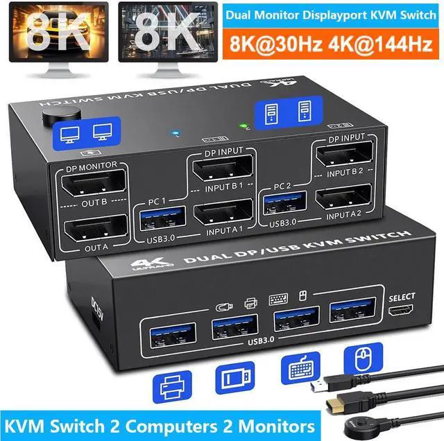 Hitoor KVM Switch 2 PC 2 Monitors USB 3.0 DP KVM Switch 8K 30Hz 4K 144Hz Dual Monitor KVM Switch Displayport 1.4 with 4 USB 3.0 Port for USB Device Wired Remote and 4 Cable Included