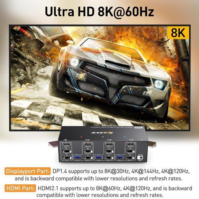 Hitoor KVM Switch 3 Computers 3 Monitors HDMI + 2 DisplayPort Triple Monitor USB 3.0 KVM Switcher 8K 30Hz/4K 144Hz HDMI+2 DP KVM For 3 PC Share 3 Display And 4 USB3.0 Devices Wired Remote Included