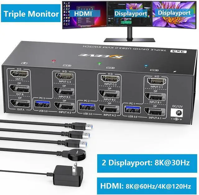 Hitoor KVM Switch 3 Computers 3 Monitors HDMI + 2 DisplayPort Triple Monitor USB 3.0 KVM Switcher 8K 30Hz/4K 144Hz HDMI+2 DP KVM for 3 PC Share 3 Display and 4 USB3.0 Devices Wired Remote Included