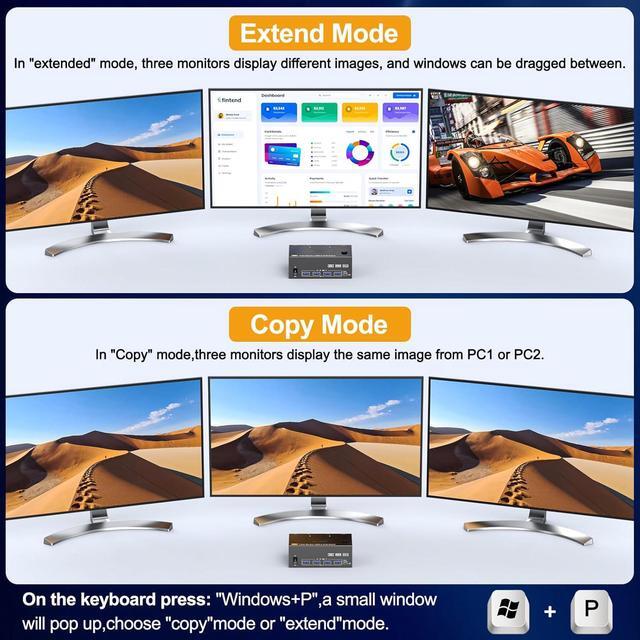 Hitoor KVM Switch 3 Monitors 2 Computers 4K 144Hz 8K 60Hz 2 Displayport + HDMI Triple Monitor USB 3.0 KVM Switches With 4 USB 3.0 Port Wired Remote Power Adapter And USB 3.0 Cables Included