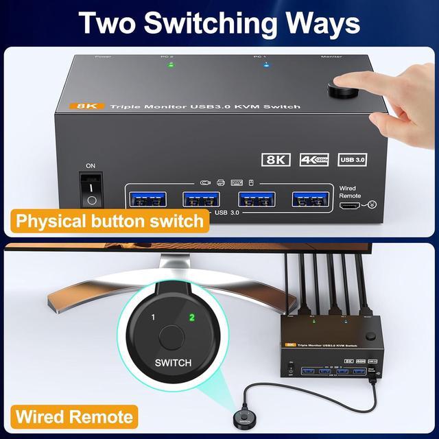 Hitoor KVM Switch 3 Monitors 2 Computers 4K 144Hz 8K 60Hz 2 Displayport + HDMI Triple Monitor USB 3.0 KVM Switches With 4 USB 3.0 Port Wired Remote Power Adapter And USB 3.0 Cables Included