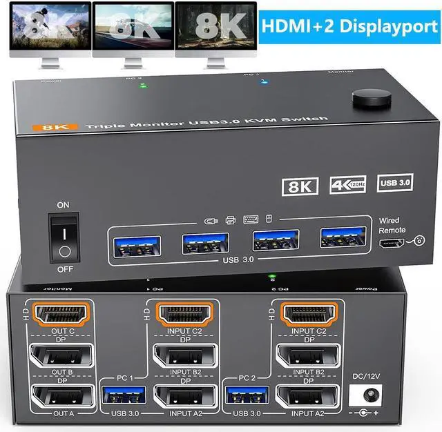 Hitoor KVM Switch 3 Monitors 2 Computers 4K 144Hz 8K 60Hz 2 Displayport + HDMI Triple Monitor USB 3.0 KVM Switches with 4 USB 3.0 Port Wired Remote Power Adapter and USB 3.0 Cables Included