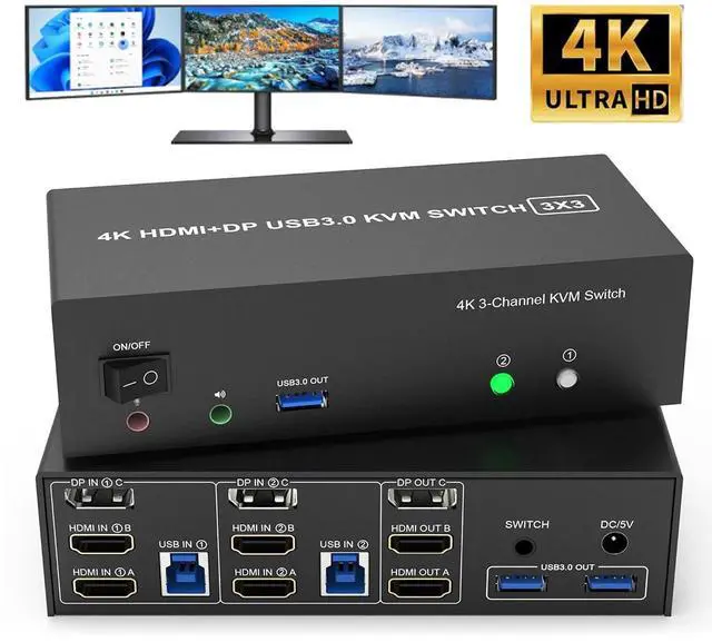 Hitoor KVM Switch 3 Monitors 2 Computers 4K 60Hz 2 HDMI + Displayport KVM Switch Triple Monitor for 2 Computer Share 3 Monitor Audio Mic Port and 3 USB3.0 Devices Wired Remote & DC 5V Power Adapter