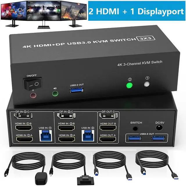 Hitoor KVM Switch 3 Monitors 2 Computers 4K 60Hz 2 HDMI+Displayport KVM Switch Triple Monitor for 2 Computer Share 3 Monitor Audio Mic Port and 3 USB3.0 Devices Wired Remote and 5V Power Adapter