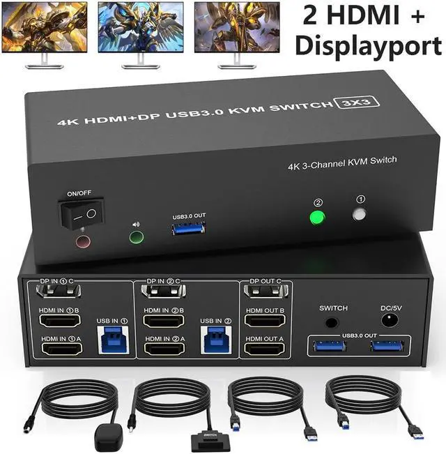 Hitoor KVM Switch 3 Monitors 2 Computers 4K 60Hz 2 HDMI + Displayport KVM Switch Triple Monitor for 2 Computer Share 3 Monitors with Audio Mic Port and 3 USB3.0 Ports Wired Remote and Power Adapter