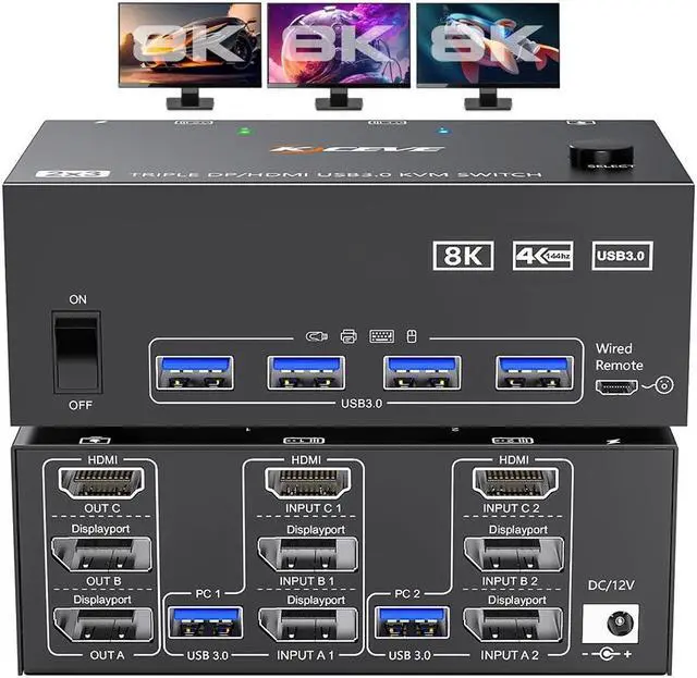 Hitoor KVM Switch 3 Monitors 2 Computers 8K 60Hz 1 HDMI + 2 Displayport KVM Switch Triple Monitor for 2 Computer Share 3 Monitor and 4 USB 3.0 Port Keyboard Mouse Wired Remote and 5 Cables Included
