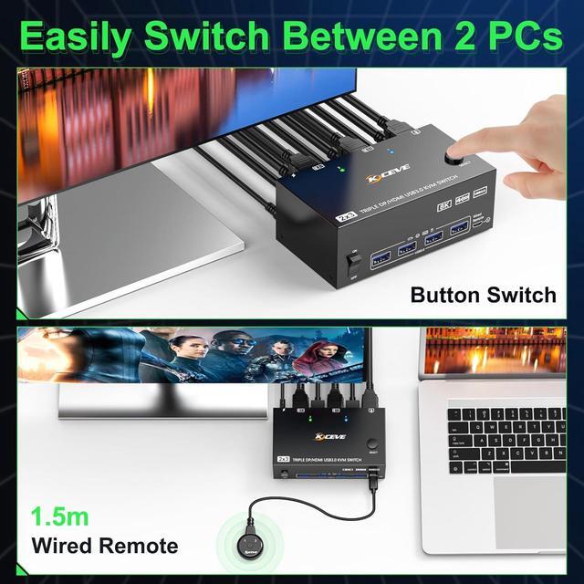 Hitoor KVM Switch 3 Monitors 2 Computers 8K 60Hz 2 Displayport + 1 HDMI USB 3.0 Triple Monitor KVM Switch With 4 USB 3.0 Port For Keyboard Mouse Wired Remote Power Adapter And 5 Cables Included