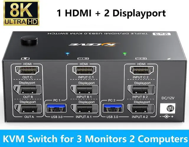 Hitoor KVM Switch 3 Monitors 2 Computers 8K 60Hz 2 Displayport + 1 HDMI USB 3.0 Triple Monitor KVM Switch with 4 USB 3.0 Port for Keyboard Mouse Wired Remote Power Adapter and 5 Cables Included
