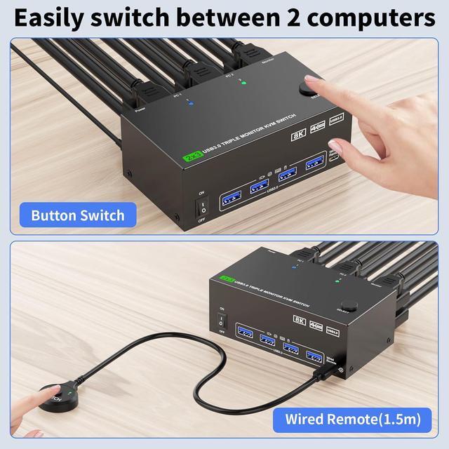 Hitoor KVM Switch 3 Monitors 2 Computers 8K 60Hz 4K 144Hz USB 3.0 Triple Monitor KVM Switch With 4 USB 3.0 Ports 2*Displayport+1*HDMI In 3*HDMI Out With Wired Remote Power Adapter & USB3.0 Cables