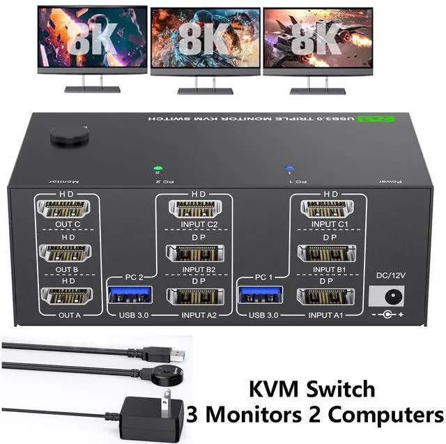 Hitoor KVM Switch 3 Monitors 2 Computers 8K 60Hz 4K 144Hz USB 3.0 Triple Monitor KVM Switch with 4 USB 3.0 Ports 2*Displayport+1*HDMI in 3*HDMI Out with Wired Remote Power Adapter & USB3.0 Cables