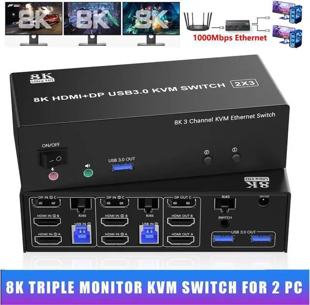 Hitoor KVM Switch 3 Monitors 2 Computers 8K 60Hz 4K 144Hz 2 HDMI + DisplayPort Triple Monitor KVM Switch for 2 Computer Share 1000Mbps Ethernet 3 USB 3.0 Ports with Audio & Microphone Output