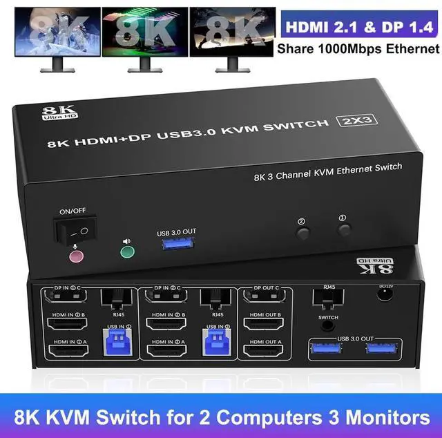 Hitoor KVM Switch 3 Monitors 2 Computers 8K 60Hz 4K 144Hz 2 HDMI + DisplayPort Triple Monitor KVM Switch for 2 PCs Share 1000Mbps Ethernet 3 USB 3.0 Ports Audio & Microphone Wired Remote included