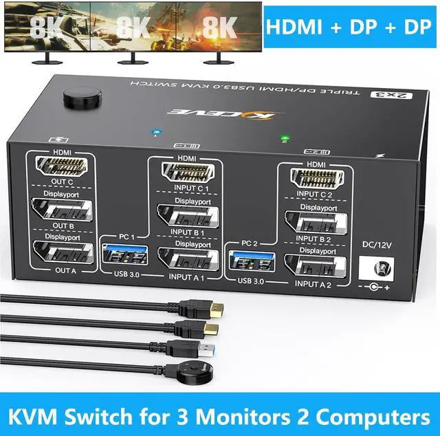 Hitoor KVM Switch 3 Monitors 2 Computers 8K 60Hz 4K 144Hz 2 Displayport + HDMI Triple Monitor USB 3.0 KVM Switch with 4 USB 3.0 Port for Keyboard Mouse with Wired Remote & Power Adapter